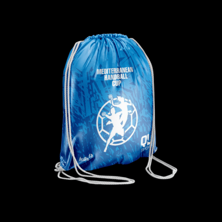 Mochila de cuerdas azul con el logo de MHC