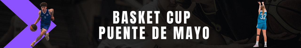 banner basket cup puente mayo con dos jugadores de baloncesto