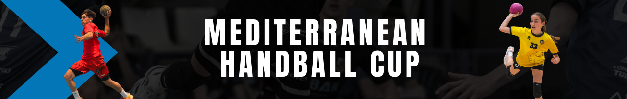 banner mediterranean handball cup con dos jugadores de balonmano