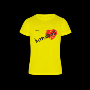 Camiseta amarilla con letras negras donde pone Handball y una pelota roja de balonmano en forma de corazon