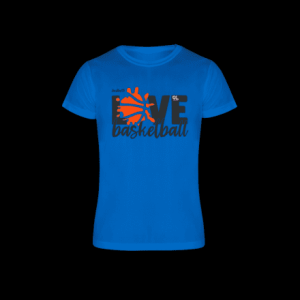 Camisea azul oscuro con las letras I love basketball en negro y una pelota de baloncesto