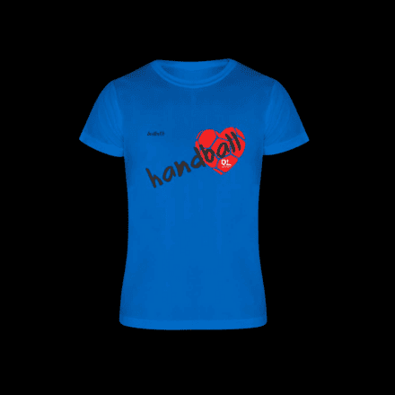 Camiseta azul con letras negras donde pone Handball y una pelota roja de balonmano en forma de corazon