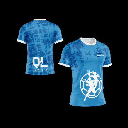 Camiseta azul claro con motivos geometricos en azul oscuro con el logo de Mediterranean Handball Cup en blanco