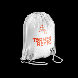 Mochila blanca metalizada de tela con cuerdas y letras naranjas con el logo del torneo de Reyes